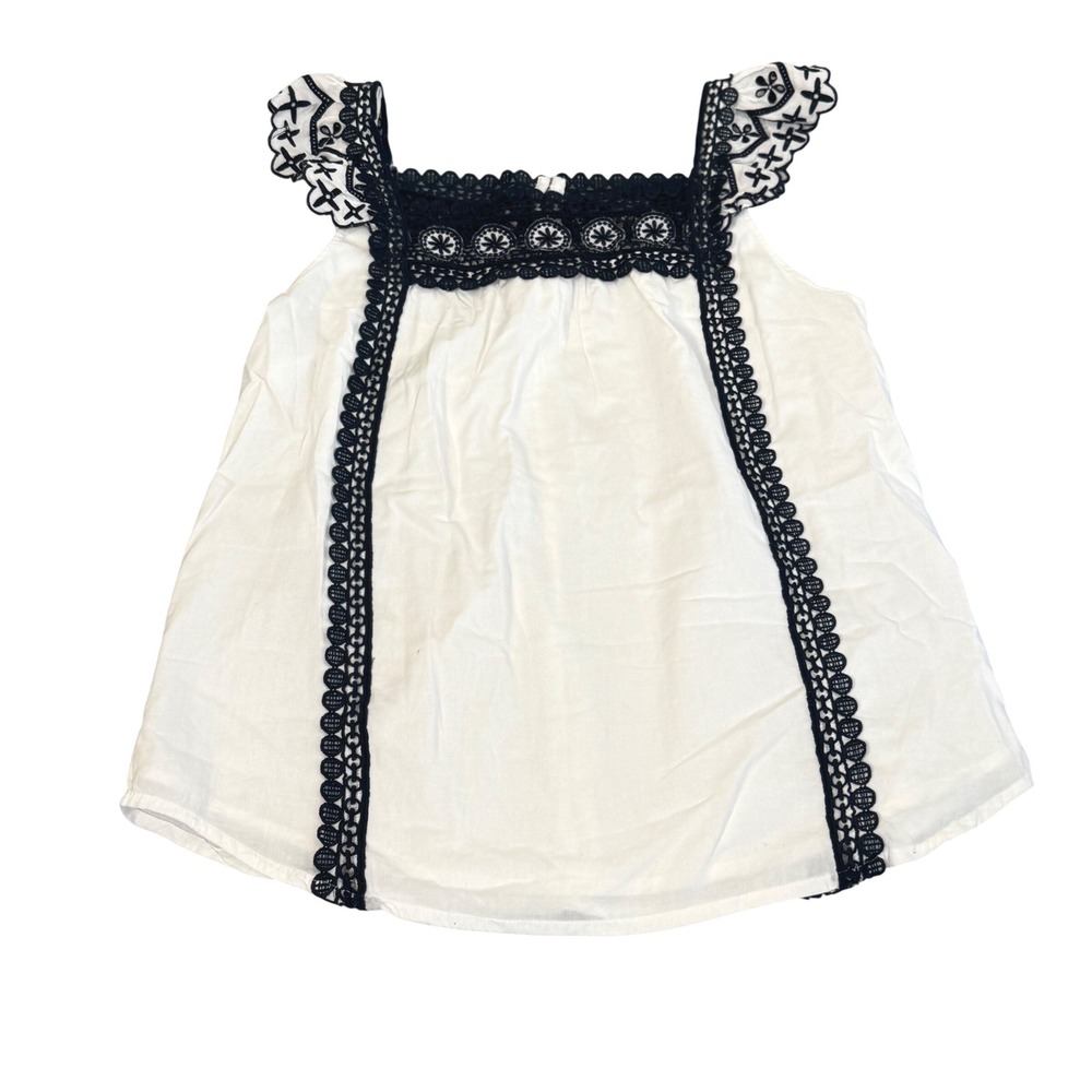 Point Sur Top XS‎ Boho Crochet Lace Embroidered Cottagecore White Navy Blue